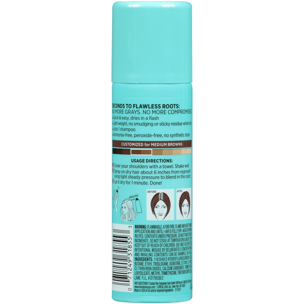 L'Oreal Paris Magic Root Cover Up Temporary Gray Concealer Spray Medium Brown 2Oz (Pack of 12)