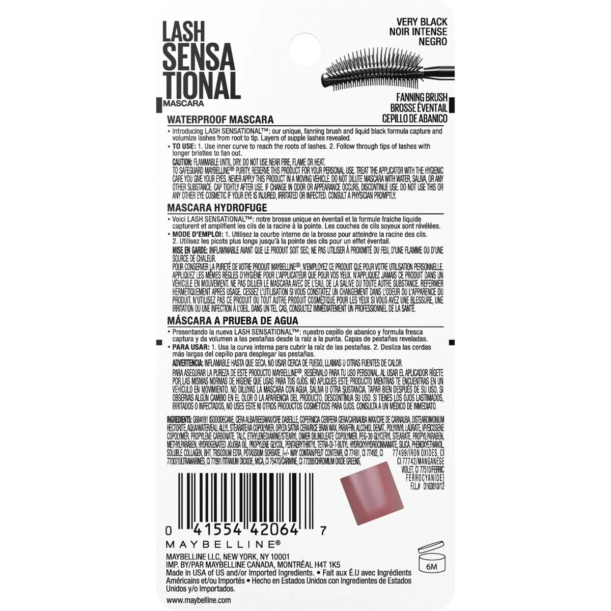 Maybelline Lash Sensational Waterproof Mascara Very Black 0.32oz (Pack of 72)