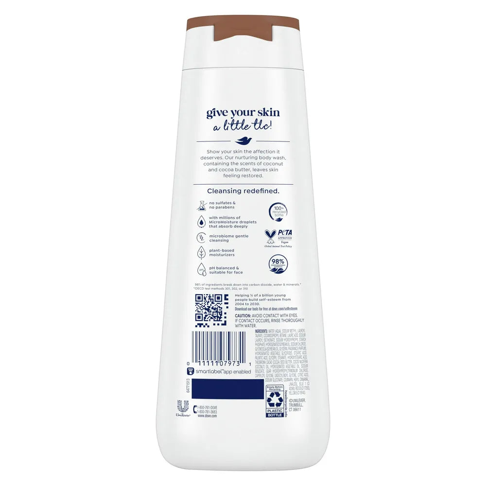 Dove Beauty Restoring Coconut Butter & Cocoa Butter Nourishing Body Wash 20Oz (Pack of 4)