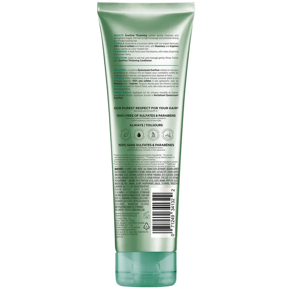 L'Oreal Paris Sulfate Free Thickening Shampoo for Fortifying Fine Hair EverPure 8.5 fl oz (Pack of 6)