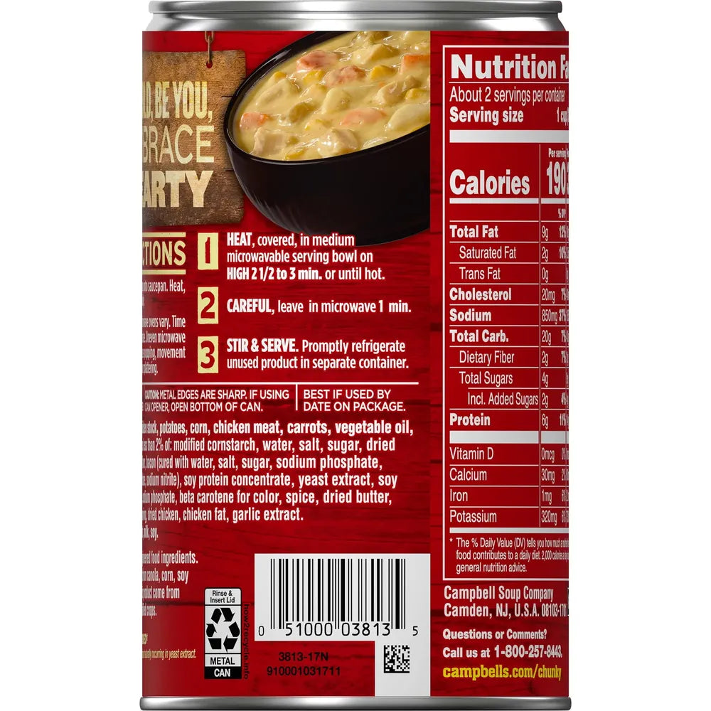 Campbell's Chunky Soup, Ready to Eat Chicken Corn Chowder Soup, 18.8 oz (Pack of 12)
