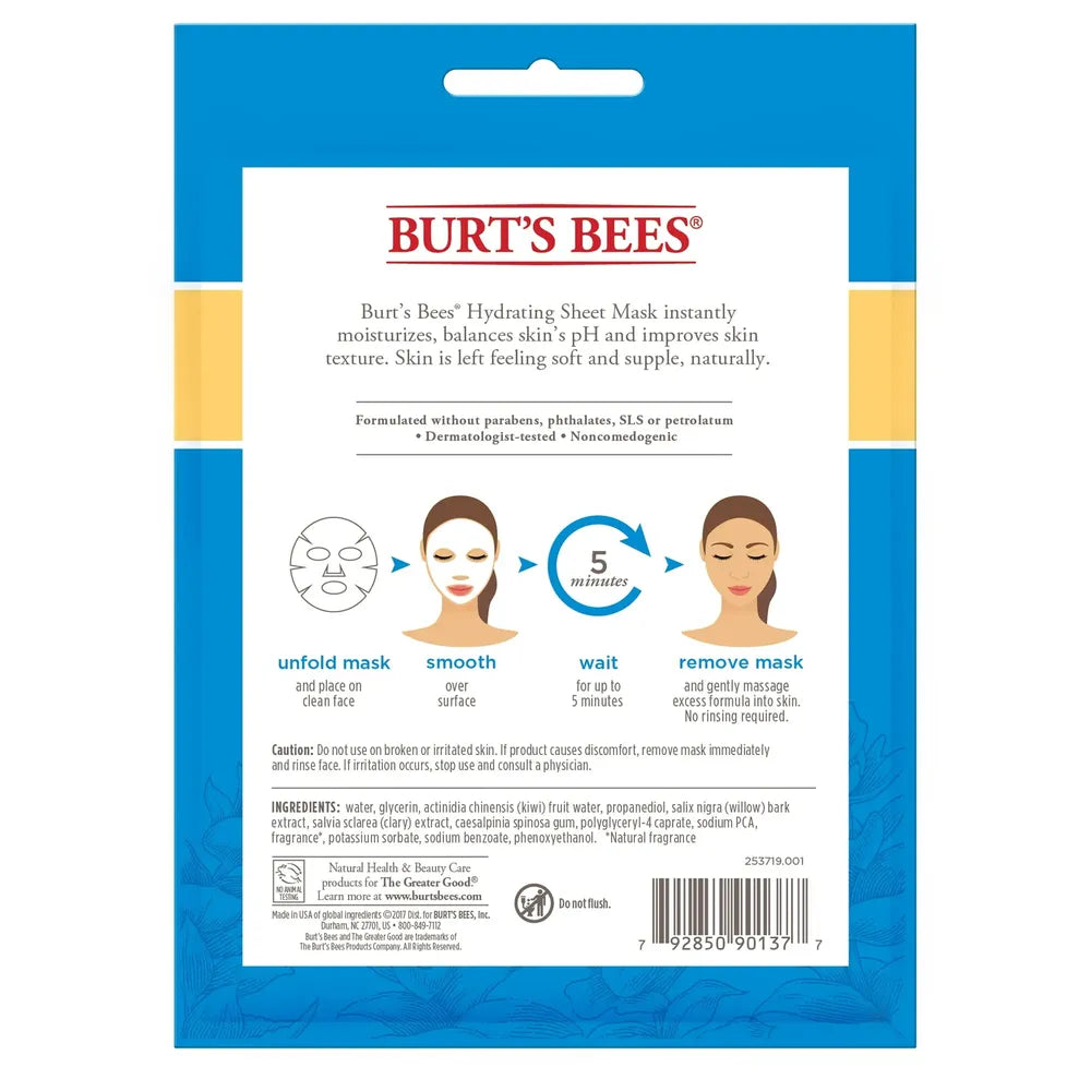 Burt'S Bees Hydrating Face Mask, Single Use Sheet Mask, 1 Ct 0.33Oz (Pack Of 48)