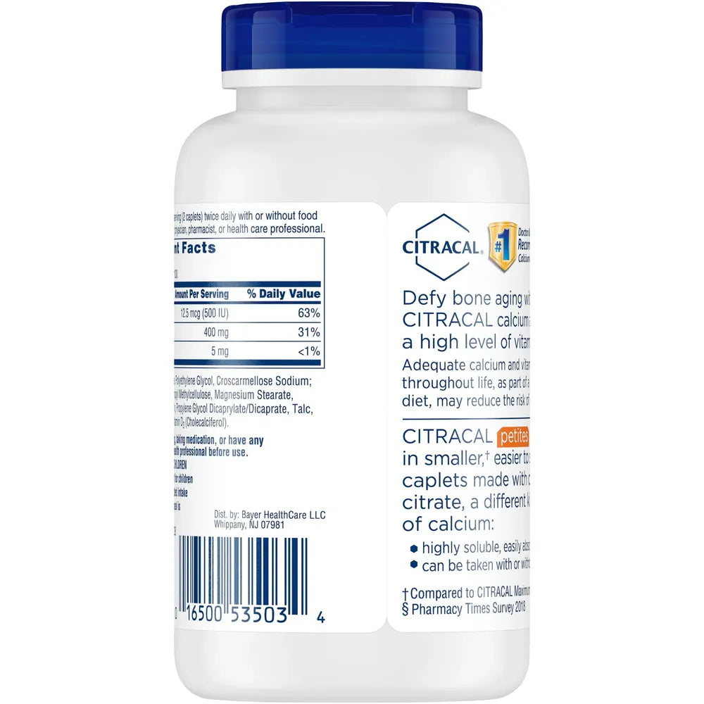 Citracal Petites Calcium Citrate with Vitamin D3, Caplets, 200 Count 6.38oz(Pack of 24)