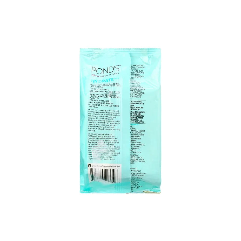 Ponds Vitamin Micellar Hydrate Facial Wipes Vitamin B3 And Aloe Vera 6.2oz (Pack of 12)