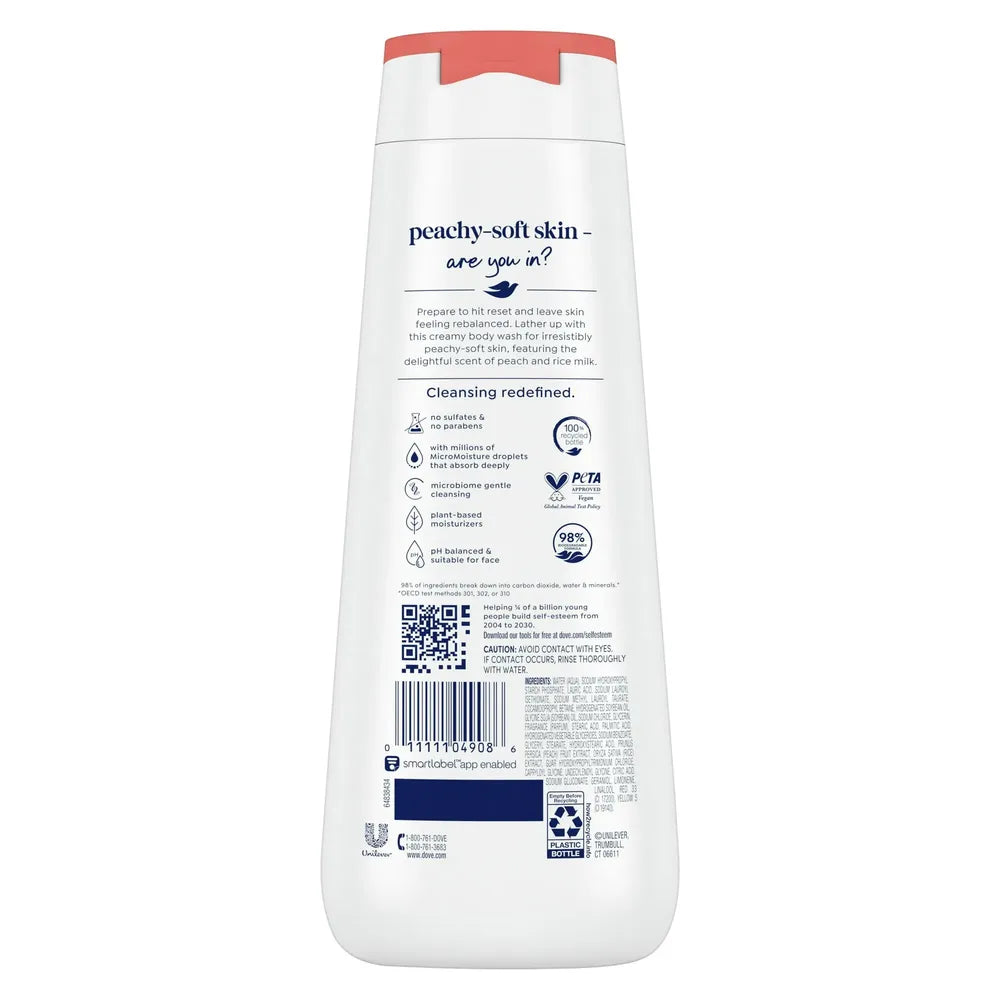 Dove Rebalancing Body Wash Peach and rice milk 20Oz (Pack of 4)