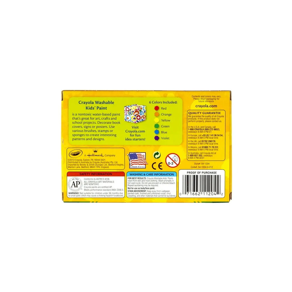 Crayola 6 count Washable Kids' Paint 2 ounce Bottles, Assorted Colors 19.7oz (Pack of 6)