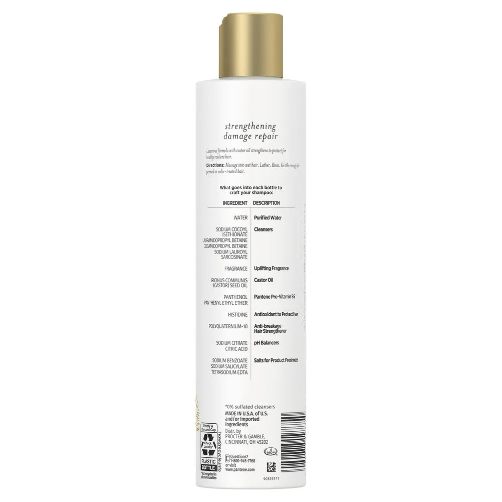 Pantene Sulfate Free Hair Strengthening Anti Frizz Damage Repair Shampoo with Castor Oil 9.6 Oz (Pack of 4)