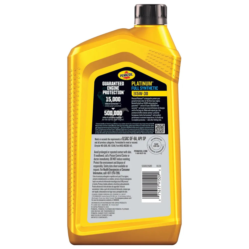 Pennzoil Platinum Full Synthetic Oil 5W-30 1 qt 32oz (Pack of 6)