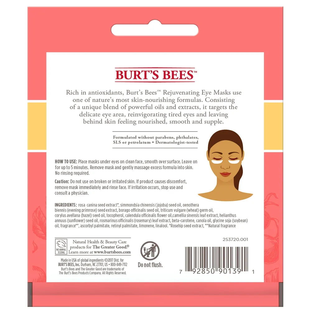 Burt'S Bees Rejuvenating Eye Mask Single Use Eye Mask 1 Pair 0.02Oz (Pack Of 48)