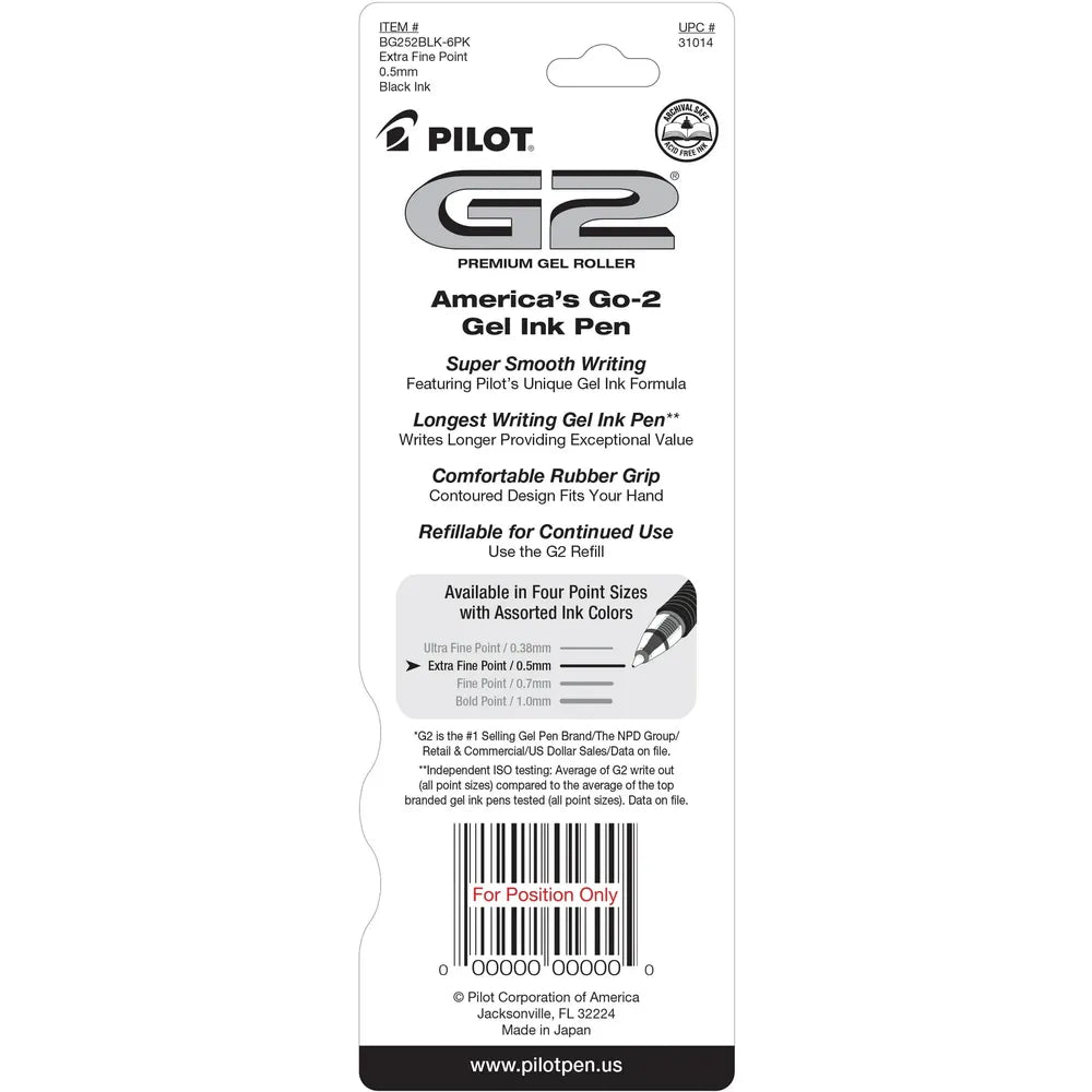 Pilot G2 Premium Gel Roller Pens Extra Fine Point 0.5 mm Black Ink 0.634oz (Pack of 144)