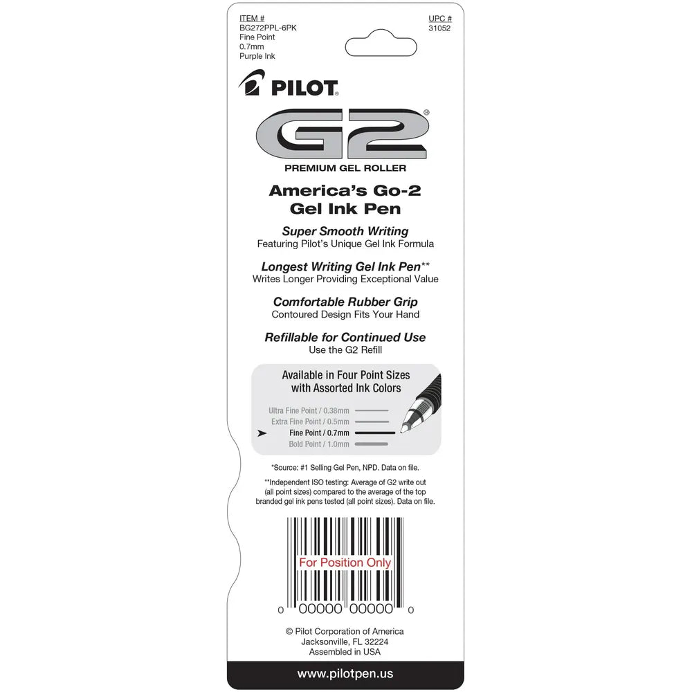 Pilot G2 Premium Gel Roller Pens Fine Point 0.7 mm Purple Ink 0.634oz (Pack of 144)