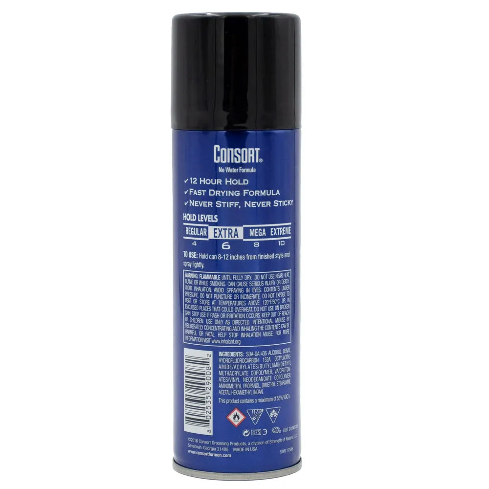 Consort Unscented Extra Hold Aerosol Hair Spray For Men 8.3Oz (Pack of 12)