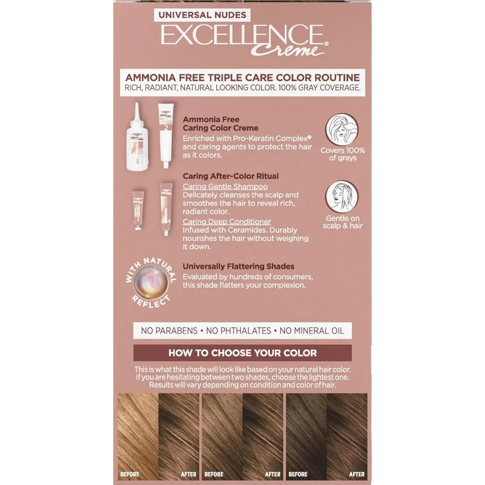 L'Oreal Paris Excellence Universal Nudes Permanent Hair Color 6N Natural Light Brown 100 Percent Gray Coverage 1 Kit 9.6oz (Pack of 12)
