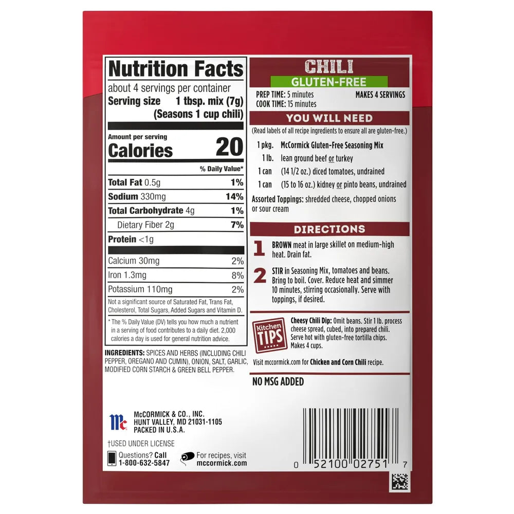Mccormick Gluten-Free Chili Seasoning Mix ? 1 Oz (Pack Of 12)