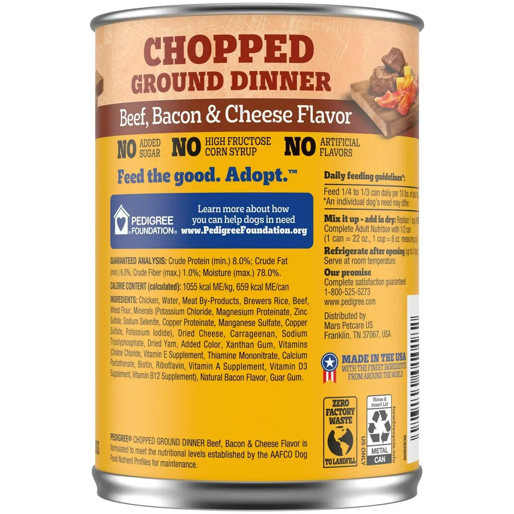 Pedigree Wet Chopped Ground Dinner Beef, Bacon & Cheese Flavor Dog Food 22oz Can (Pack of 12)