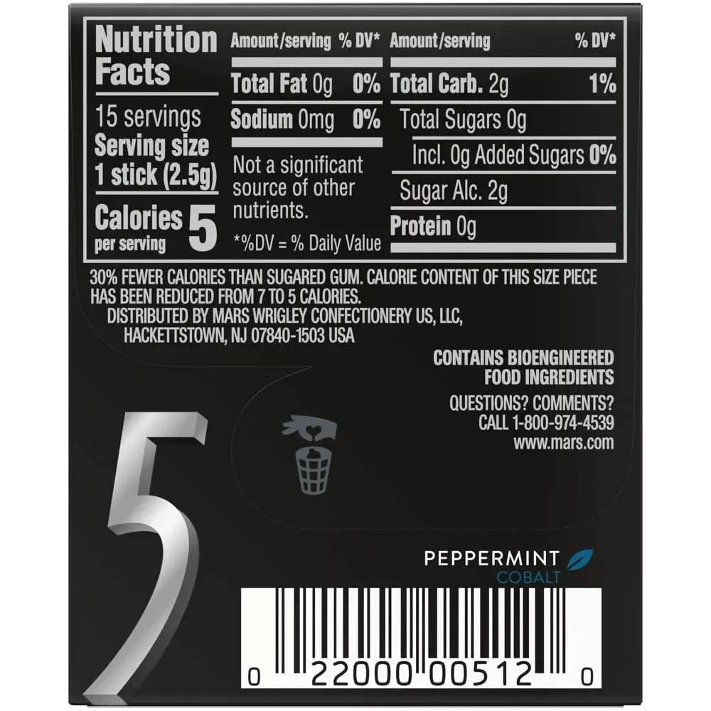 5 Gum Peppermint Cobalt Sugarfree Gum 15 Count Single Pack 0.11Oz (Pack Of 120)