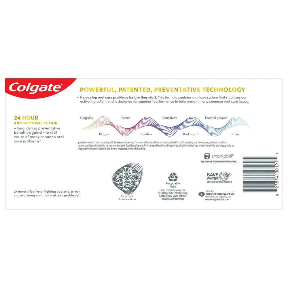 Colgate Total Active Prevention Whitening Gel Toothpaste Mint 2 Pack 5.1 oz (Pack of 12)