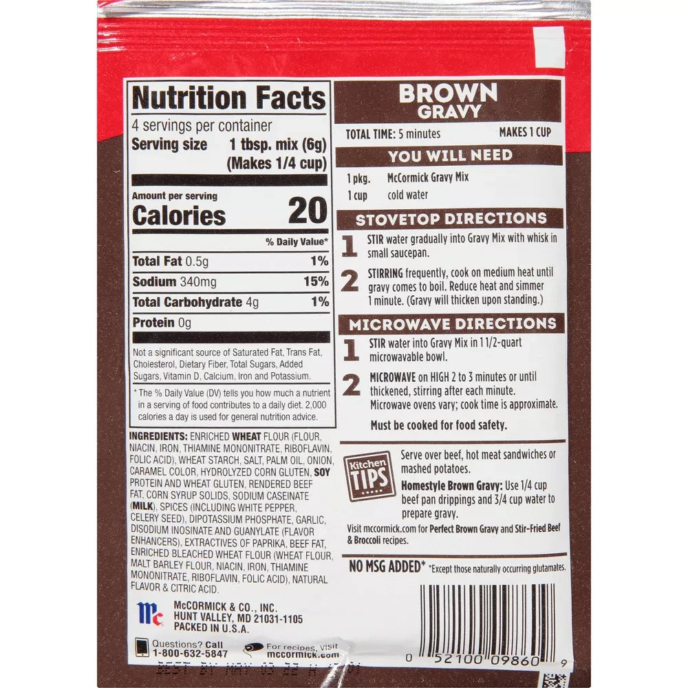 McCormick No Artificial Flavors Brown Gravy Mix 0.87 Oz (Pack of 24)