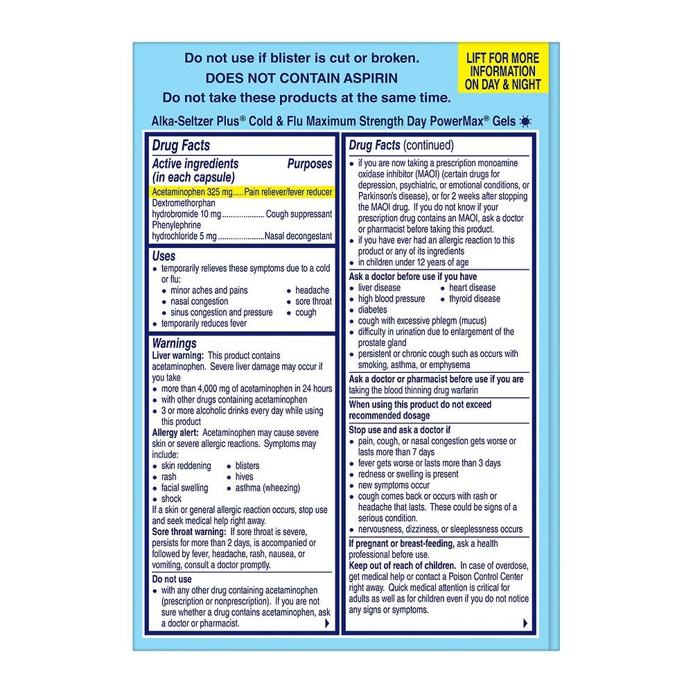 Alka-seltzer Plus Cold & Flu, Power Max Cold and Flu Medicine, Night, For Adults (Pack of 24)