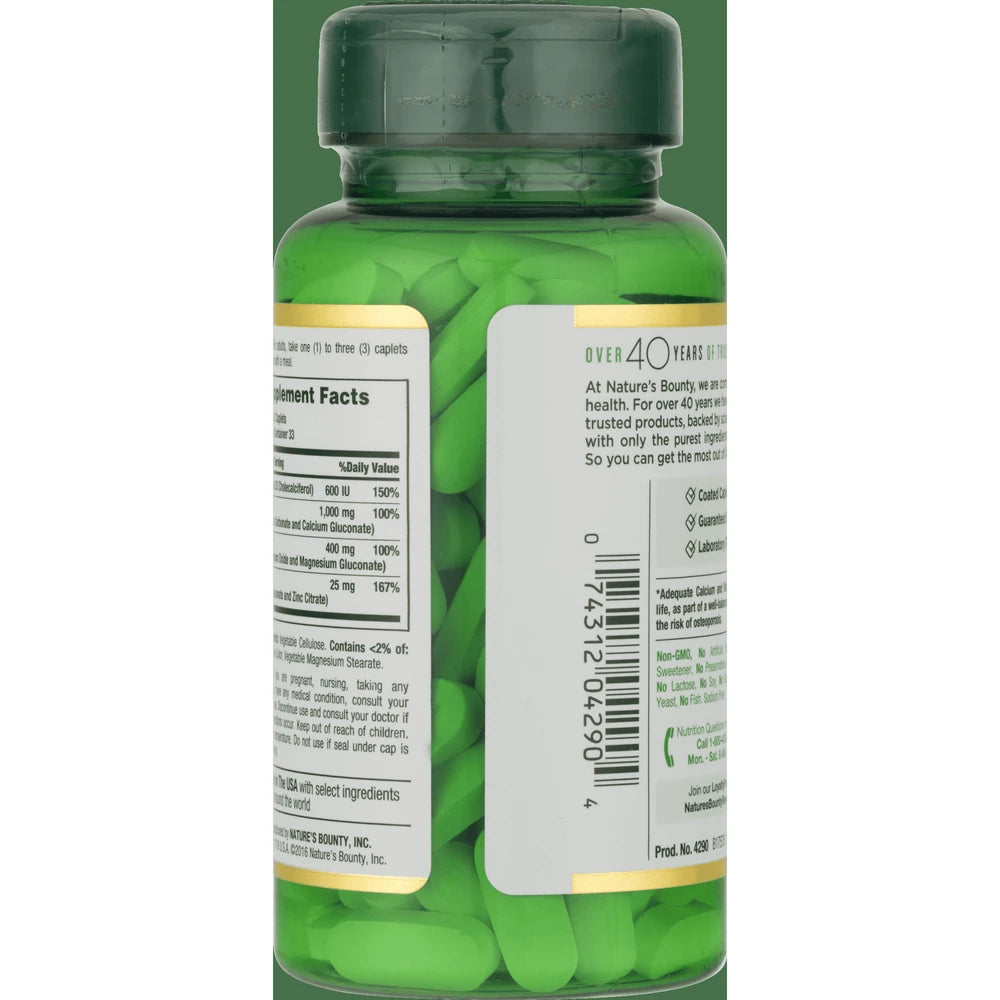 Nature S Bounty Calcium Magnesium Zinc Coated Caplets For Bone Health 100 Ct 6.64Oz (Pack Of 24)