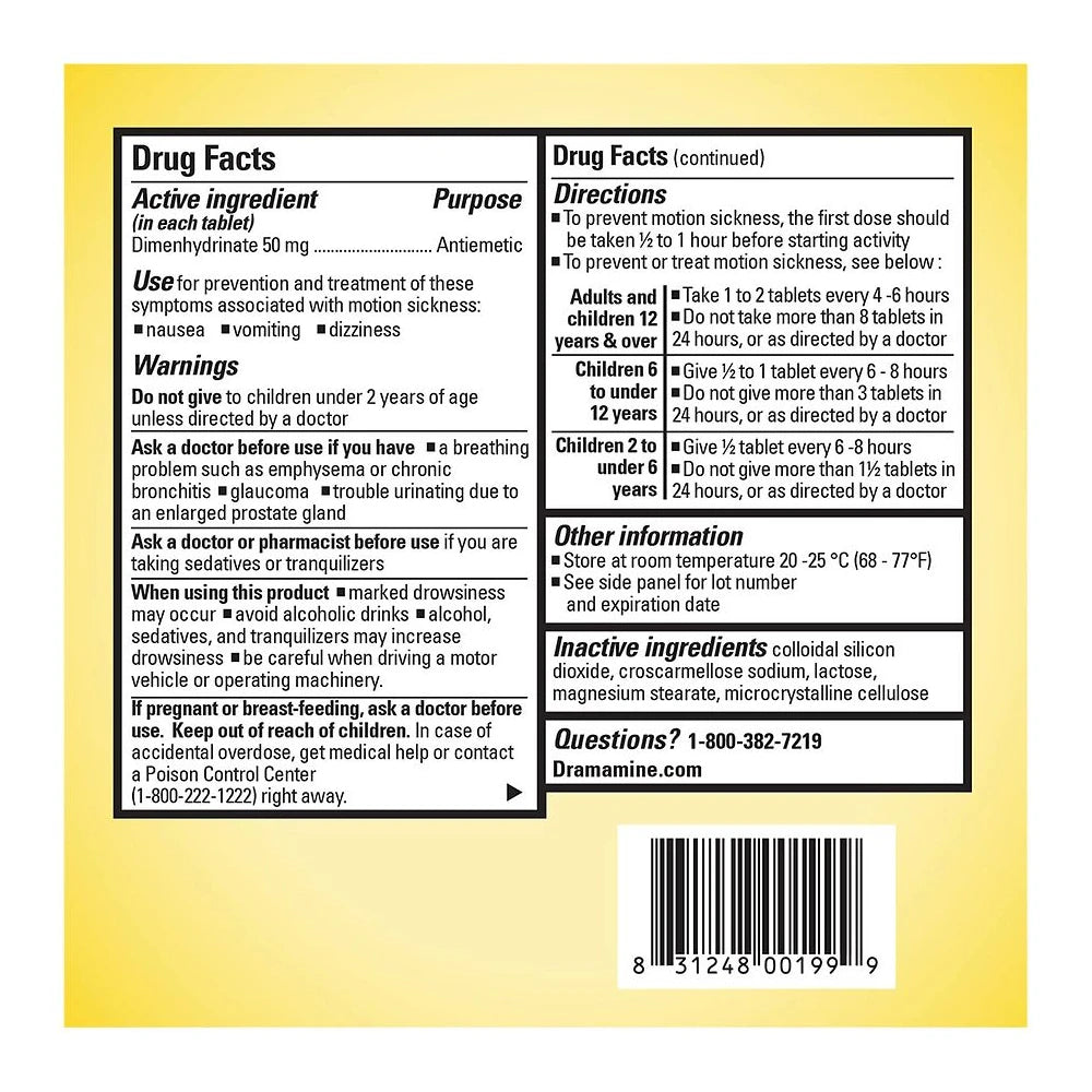Dramamine Original Formula Motion Sickness Relief Tablets For Nausea, Dizziness 0.64 Oz (Pack Of 24)