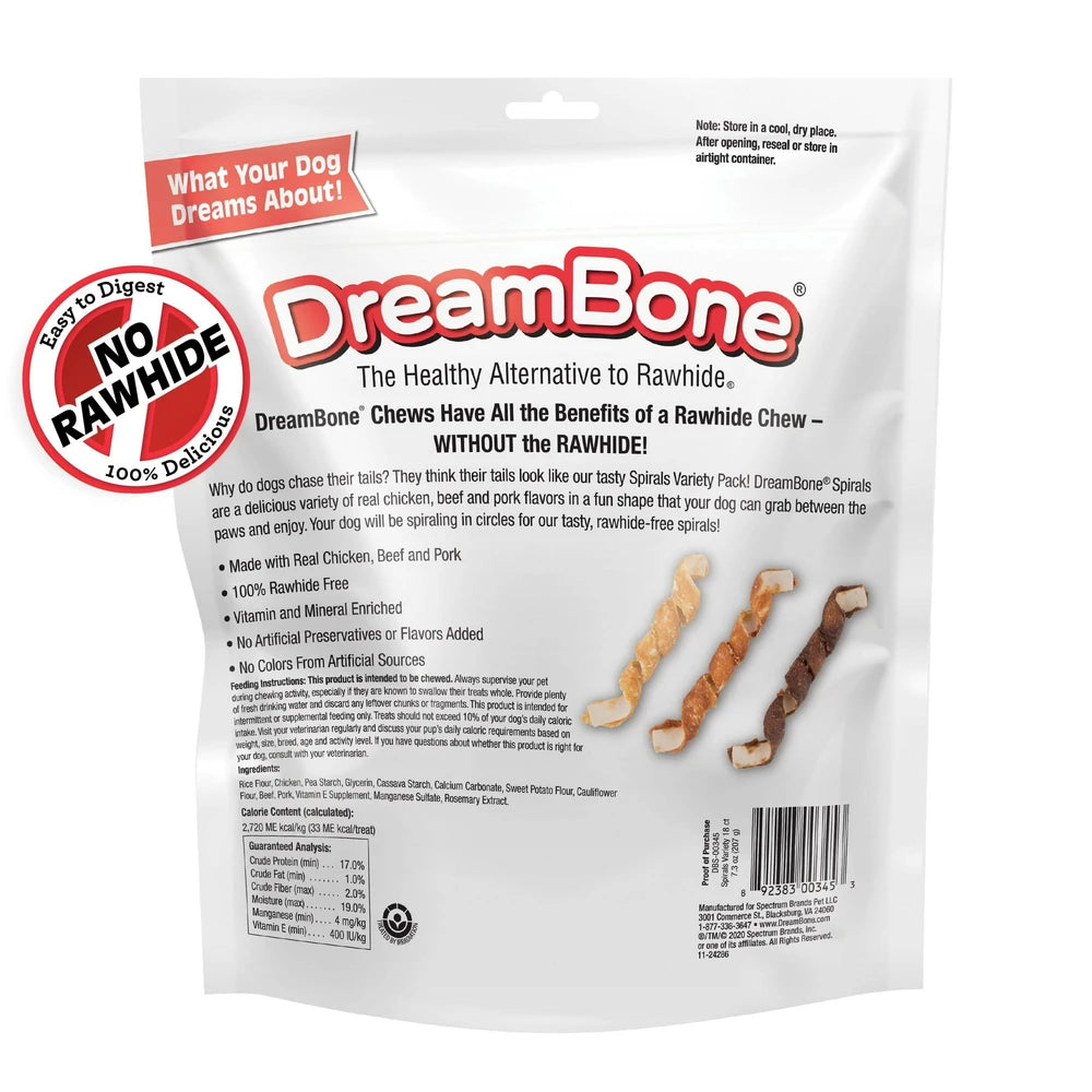 DreamBone Spirals Variety Pack Rawhide-Free Chews for Dogs 18 Count 7.3 Oz (Pack of 24)