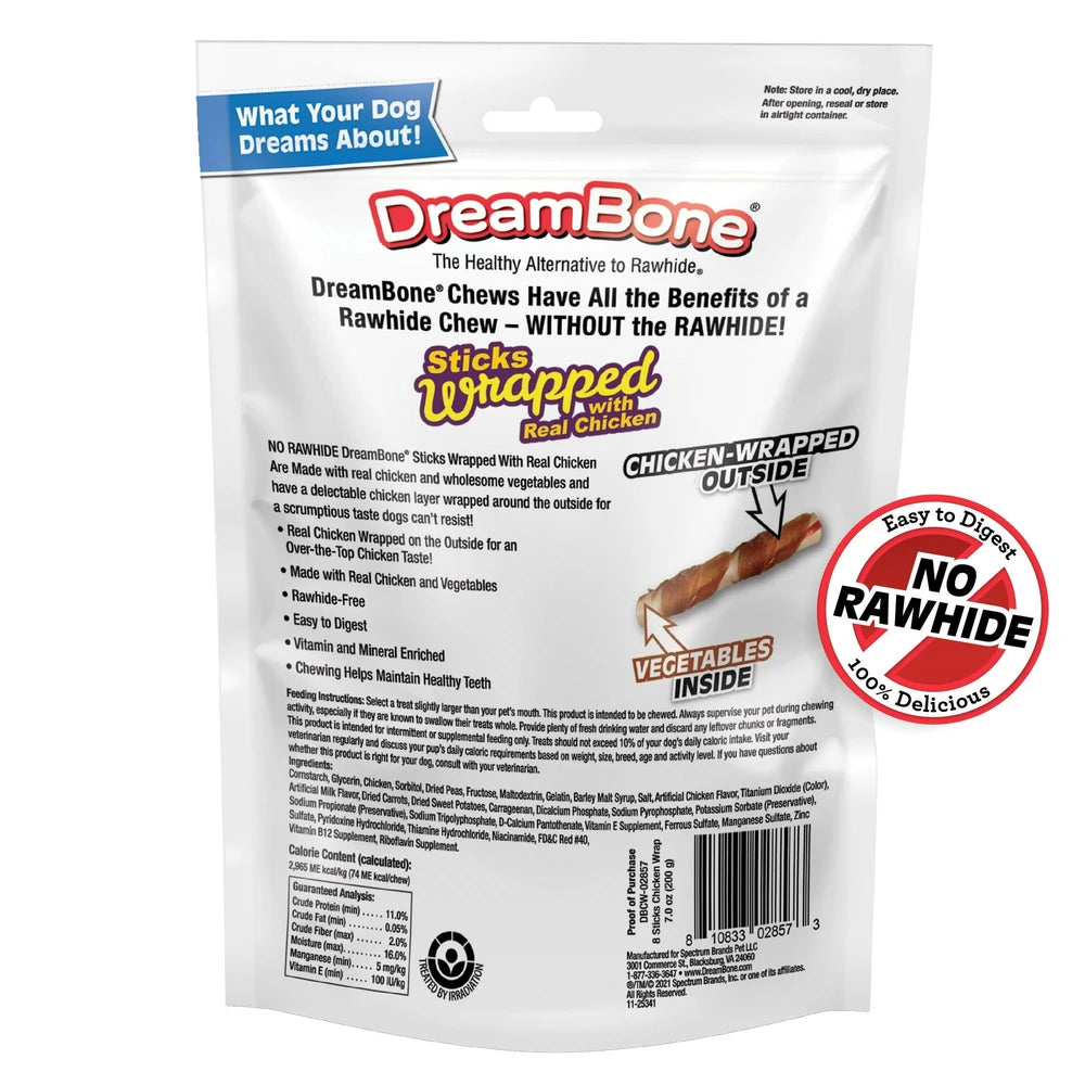 DreamBone Sticks Wrapped with Real Chicken Rawhide-Free Chews for Dogs 8 Count 7 Oz (Pack of 24)