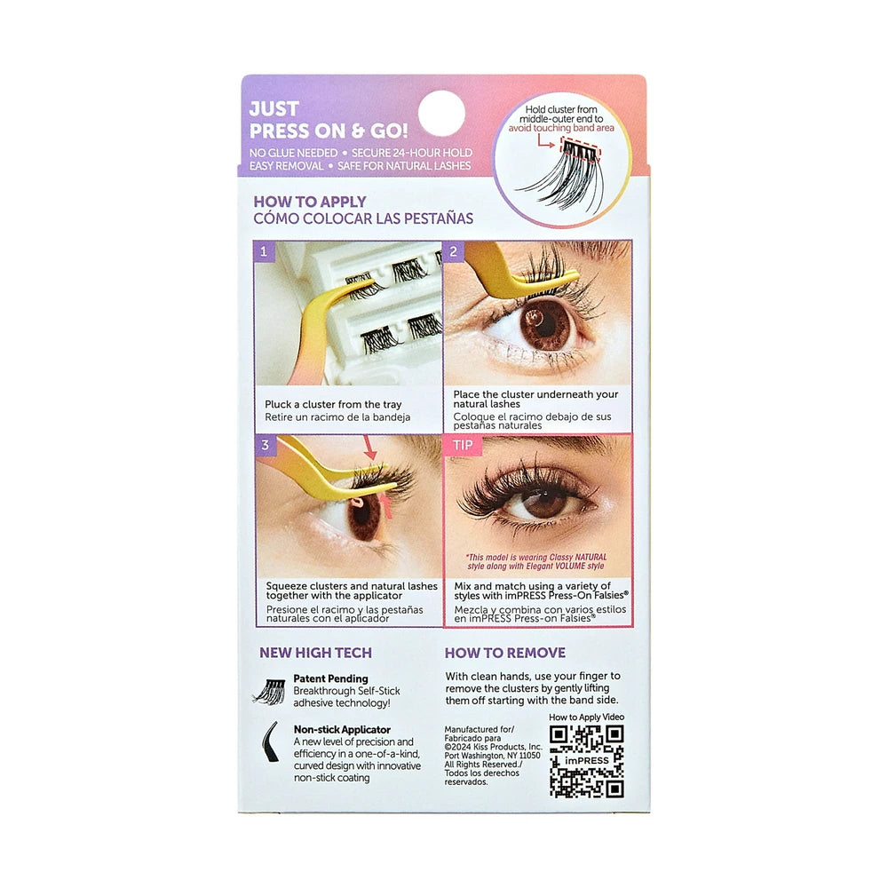 KISS imPRESS Falsies Press On Self Adhesive Eyelashes Classy Black 12 Lash Cl (Pack of 36)