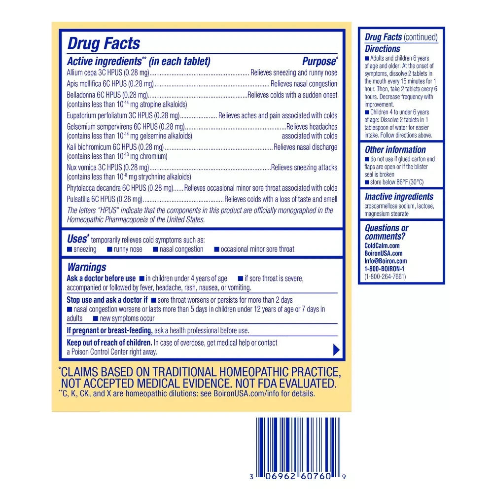 Boiron ColdCalm Tablet Relief of Common Cold Symptoms Sneezing, Runny Nose, Sore Throat, 60 Tablets (Pack of 60)