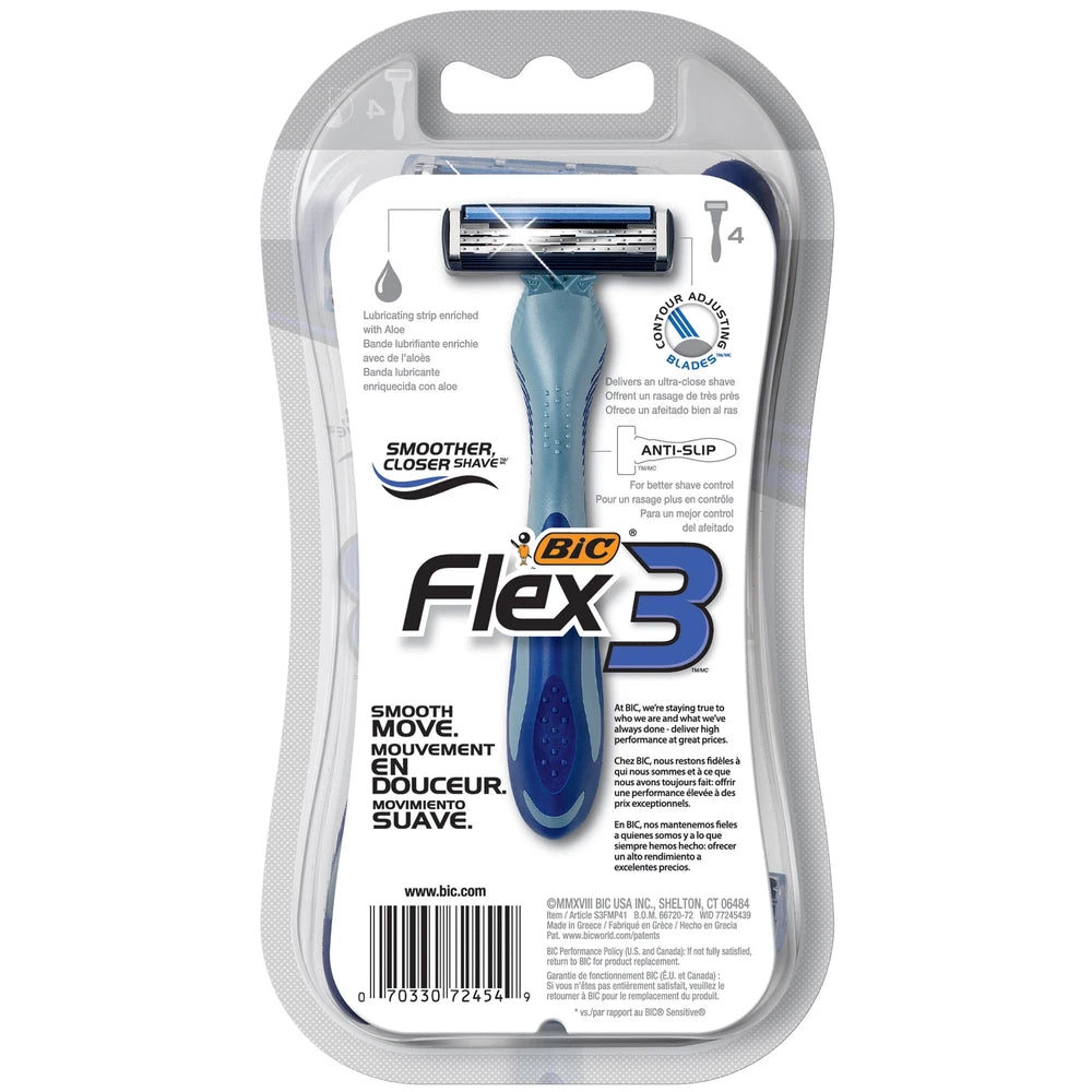 BIC Flex 3 Titanium Disposable Razor Three Blade Navy 4 Pack 3.2 Oz (Pack of 72)