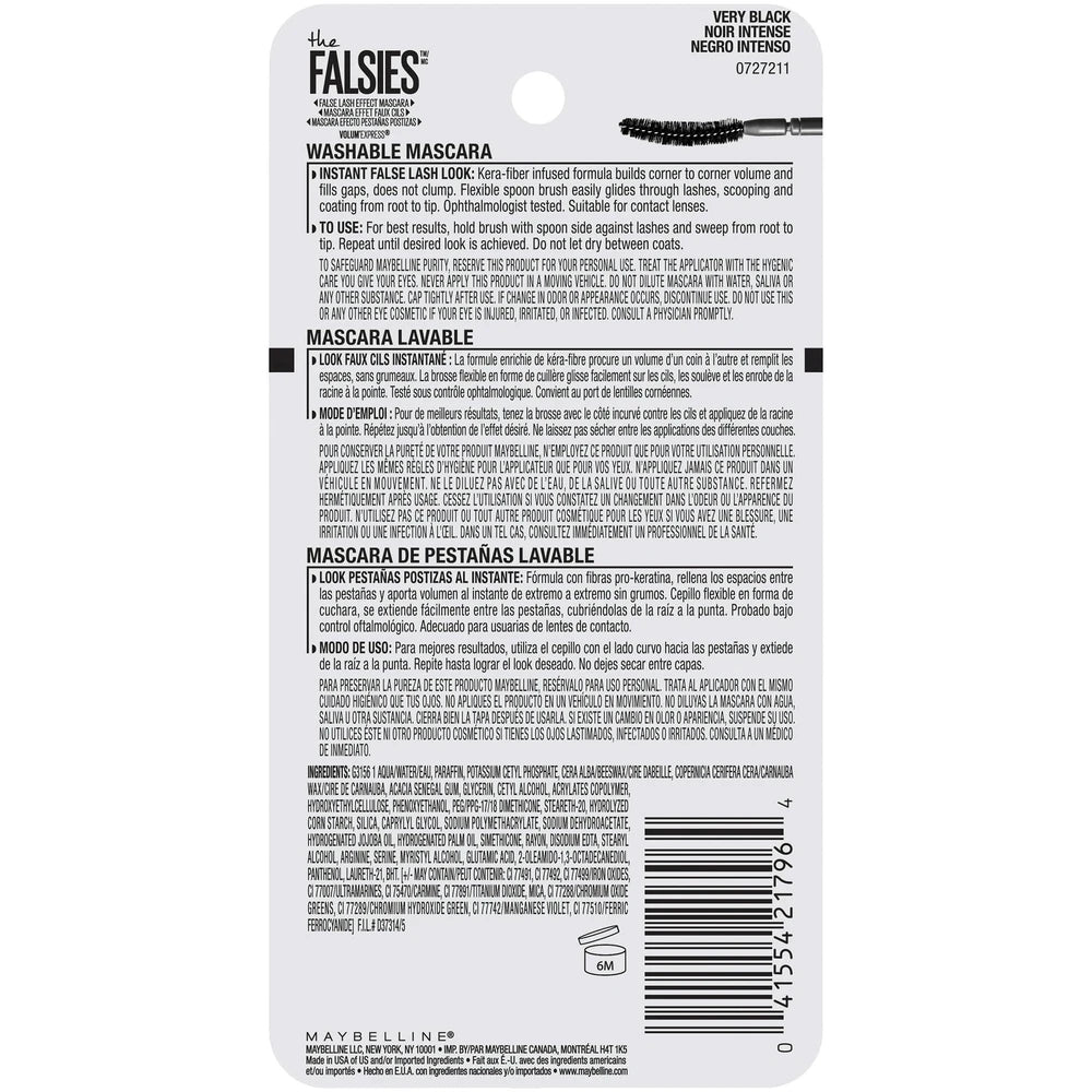 Maybelline Volum Express the Falsies Washable Fiber Mascara Volumizing and Separating Make up Formula Very Black 1 Count 0.25 Oz (Pack of 72)