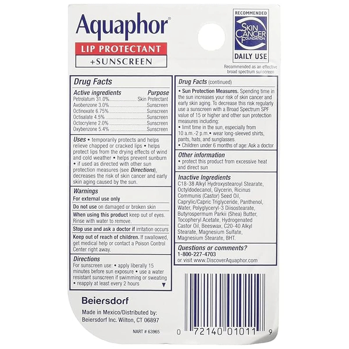 Aquaphor Lip Repair Plus Protect Broad Spectrum Spf 30 0.35Oz (Pack of 48)