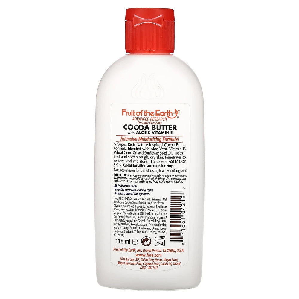 Fruit of the Earth Skin Care Lotion Cocoa Butter With Aloe & Vitamin E 4 fl oz (Pack of 36)