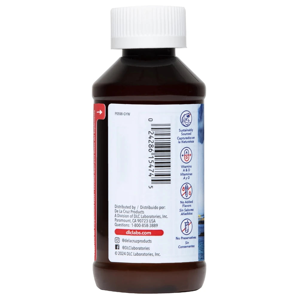 De La Cruz Cod Liver Oil Omega 3 Pure Fish Oil Supplement Liquid 4 Fl Oz (Pack of 12)