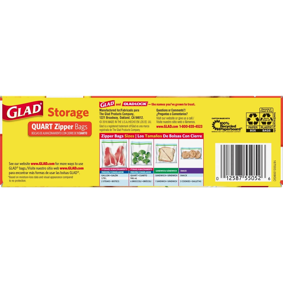 Glad Zipper Storage Bag Quart 5.76oz (Pack of 12)