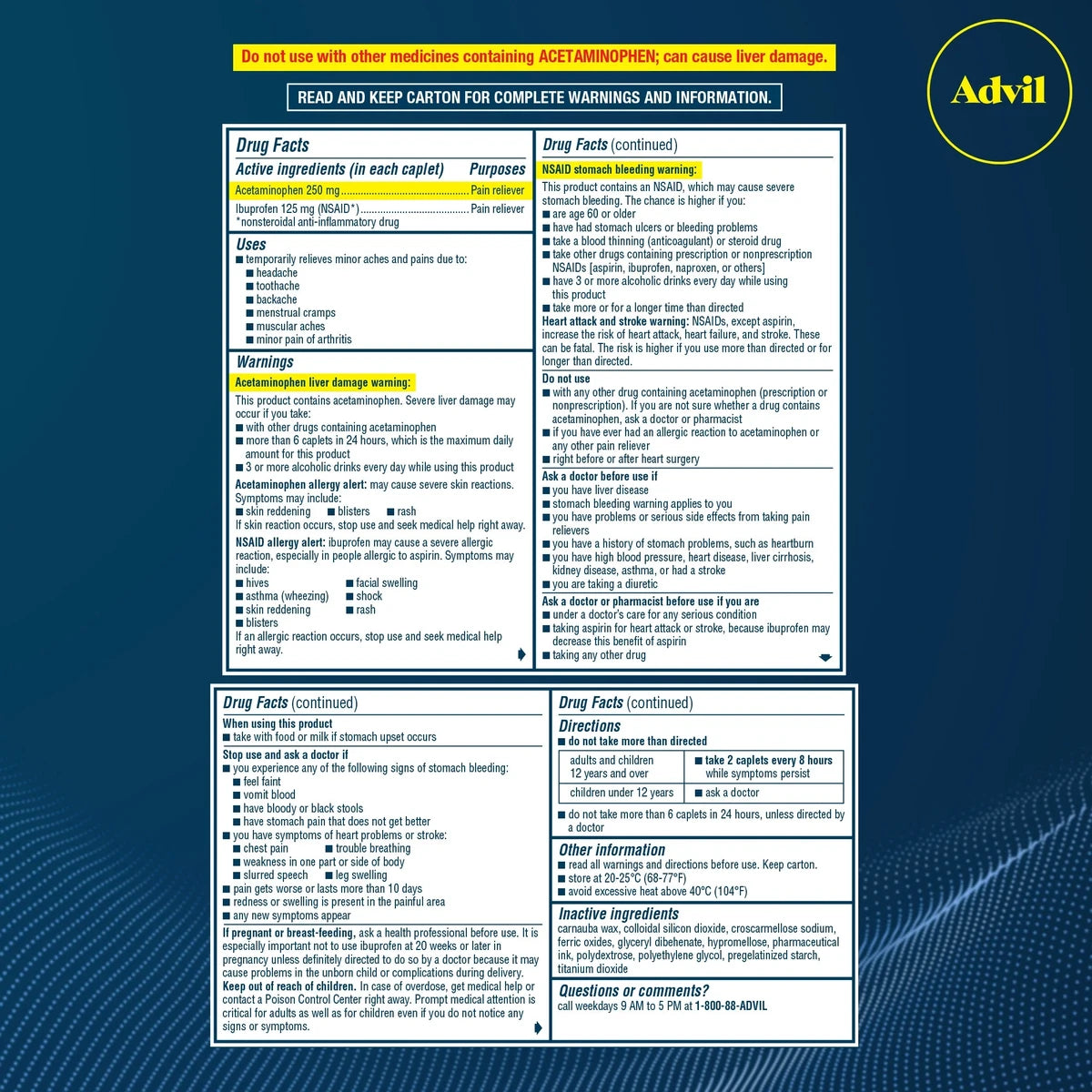 Advil Dual Action with Acetaminophen combination of 250mg Ibuprofen and 500mg Acetaminophen Coated Caplets 1.83oz (Pack of 36)