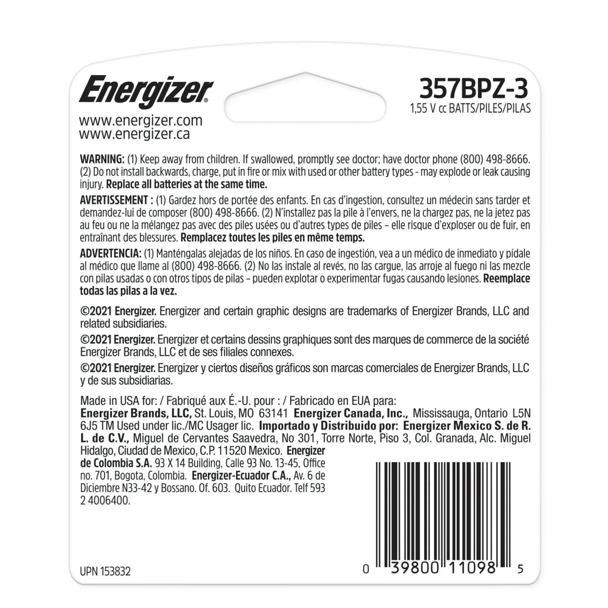 Energizer Button Cell Batteries 357 303 0.38Oz (Pack of 120)