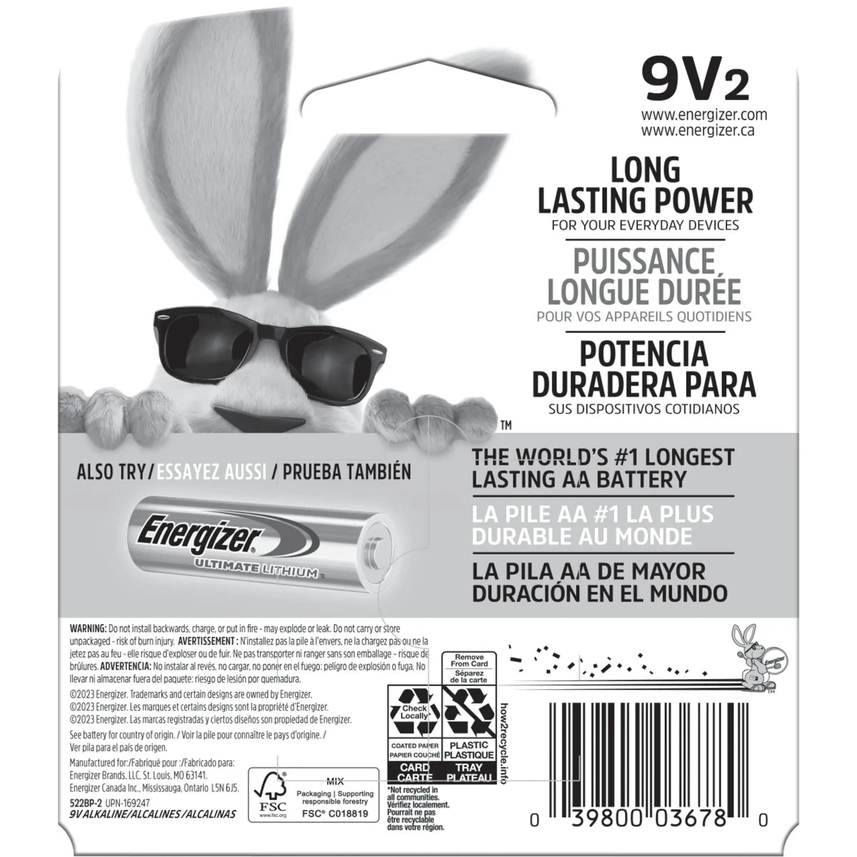 Energizer Max Alkaline 9 Volt Battery 522 Long Lasting6.72Oz (Pack of 24)
