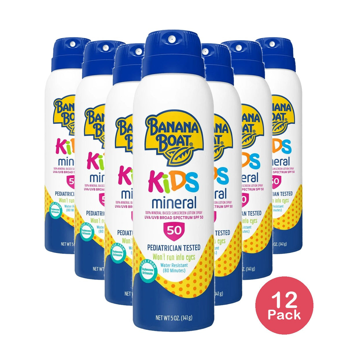 Banana Boat Kids Mineral Sunscreen Spray SPF 50, 100% Mineral Spray Sunscreen Kids, Sunblock, 5 oz (Pack of 12)