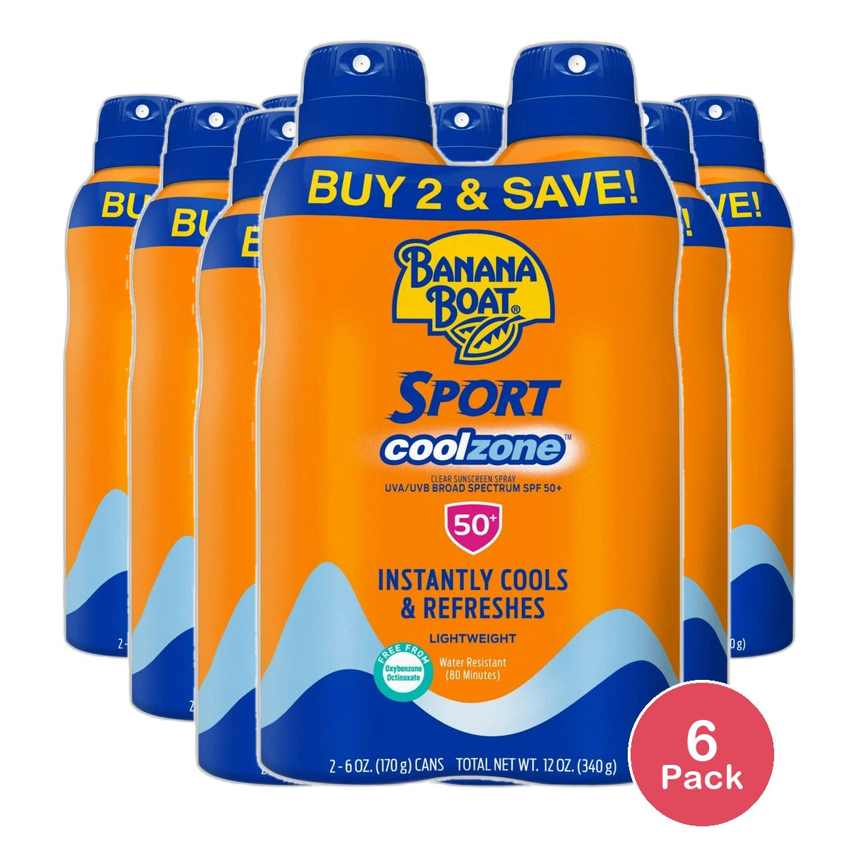 Banana Boat Sport Coolzone Clear Sunscreen Spray SPF 50 12Oz (Pack of 6)