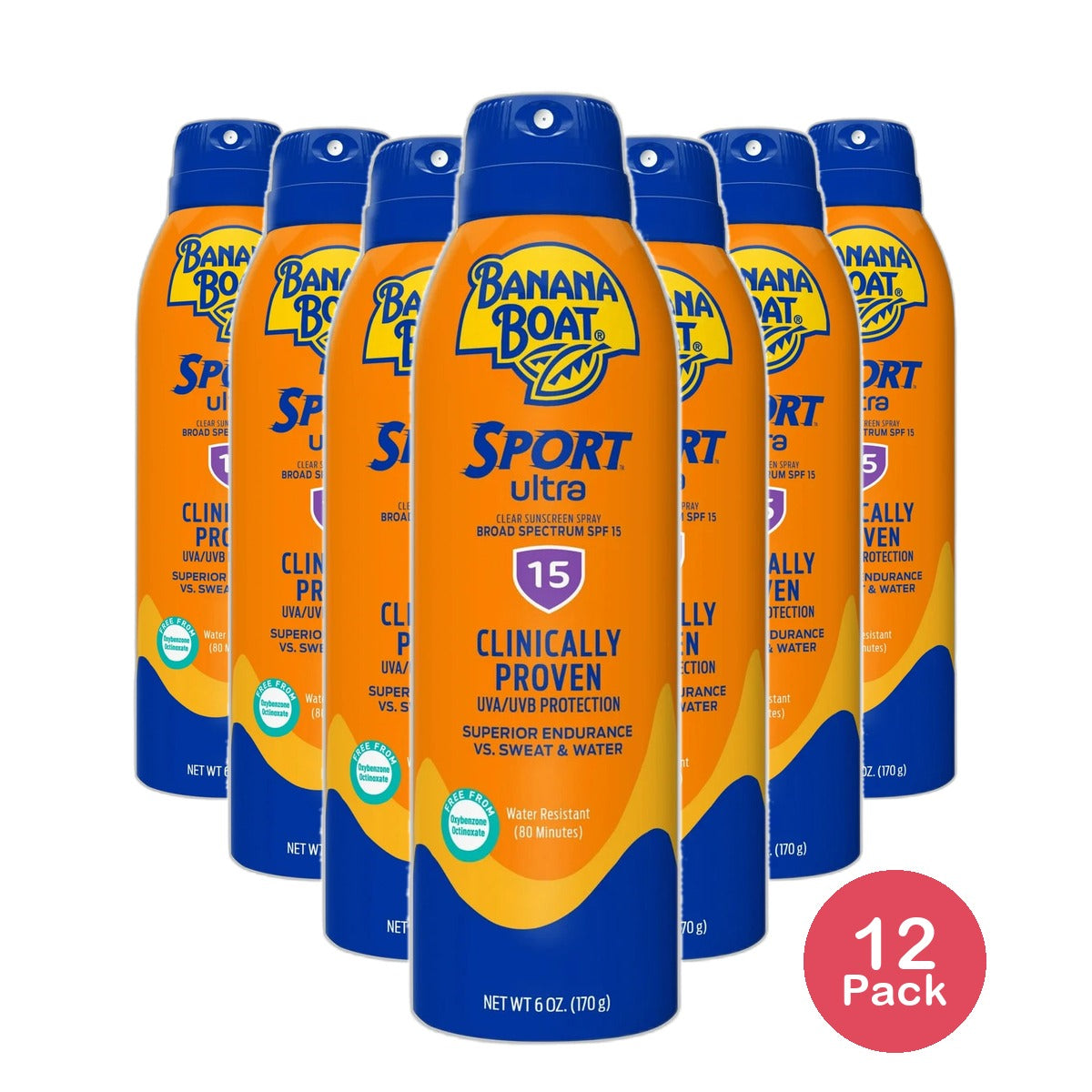 Banana Boat Sport Ultra Sunscreen Spray 15 SPF Water Resistant Sunblock 6Oz (Pack of 12)