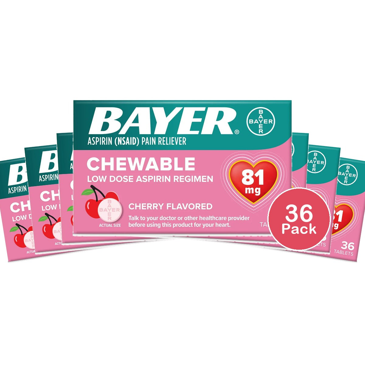 BAYER CHEWABLE ASPIRIN PAIN RELIEVER Low Dose Aspirin CHERRY FLAVORED 36 TABLETS 1.18oz (Pack of 36)