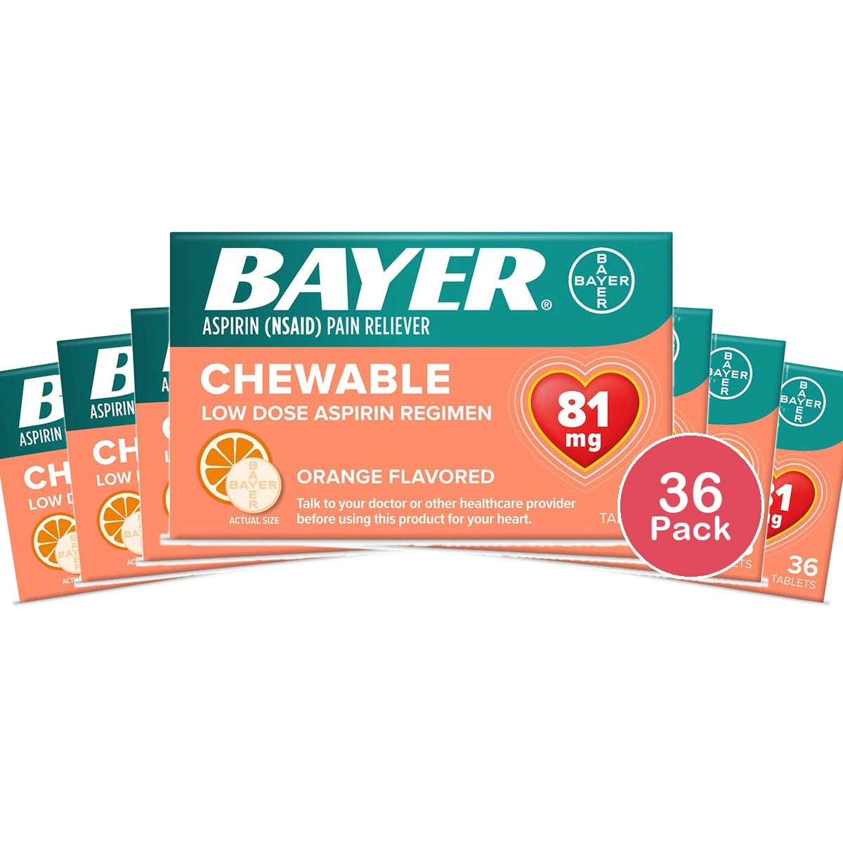Bayer Low Dose Chewable 81mg Aspirin Tablets Orange 36 Count (Pack of 36)