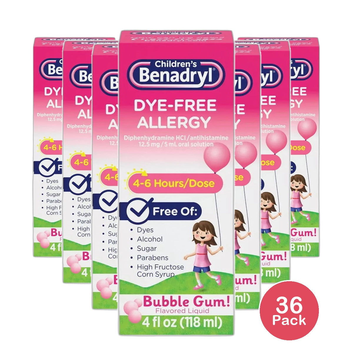 Benadryl Children's Dye-Free Allergy Liquid Bubble Gum 4Oz (Pack of 36)