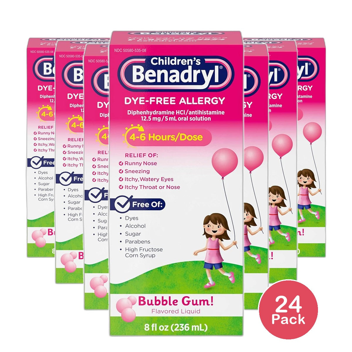 Benadryl Childrens Dye-Free Allergy Liquid Bubble Gum 8Oz (Pack of 24)