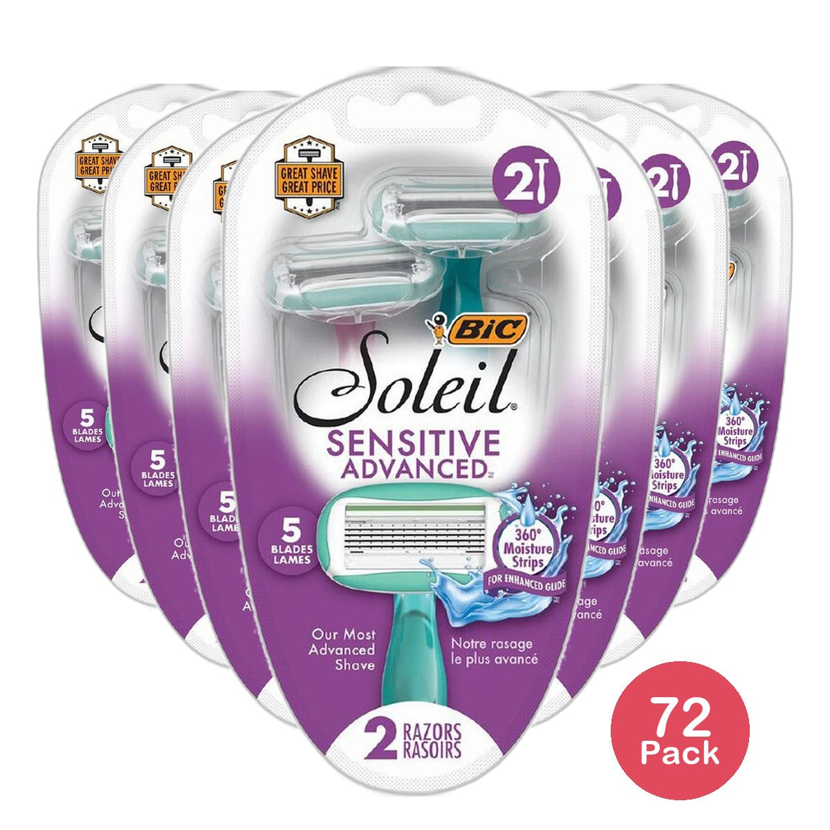 BIC Soleil Sensitive Advanced Womens Disposable Razors Blades 3.2Oz (Pack of 72)