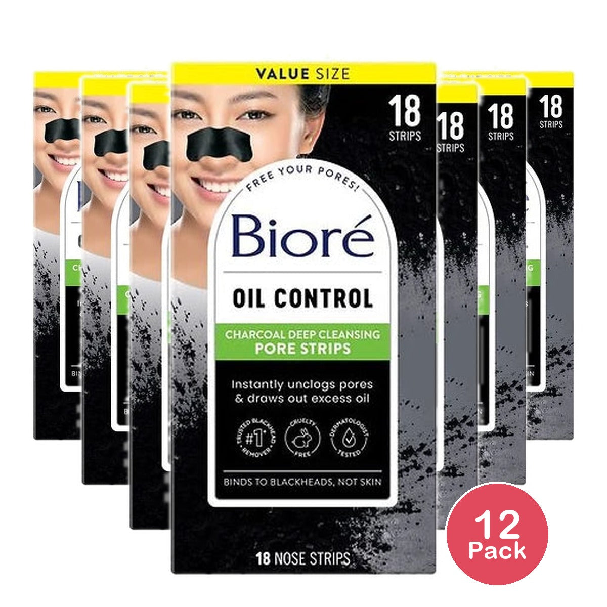 Biore Charcoal Deep Cleansing Blackhead Remover Pore Strips, Nose Strips For Dee 18.0 EA (Pack of 12)