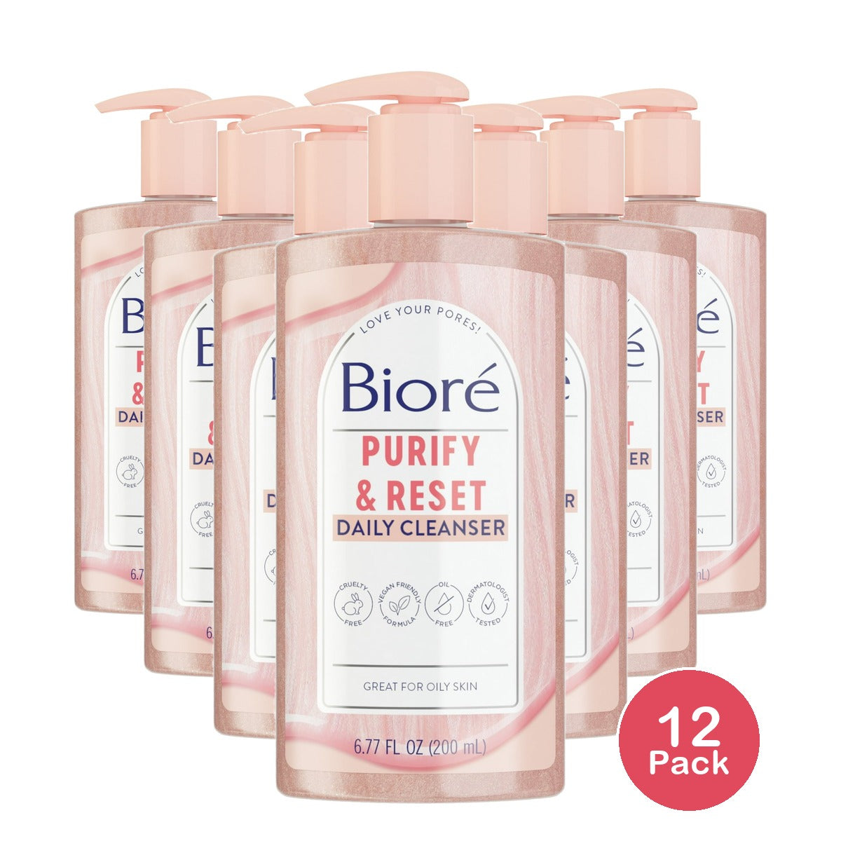 Biore Daily Purifying Cleanser, Oil Free Face Wash, Dermatologist Tested Rose Qu 6.77 oz (Pack of 12)