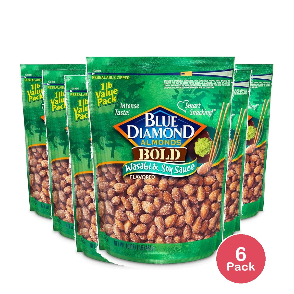 Blue Diamond Almonds BOLD Wasabi & Soy Sauce Bag 16 Oz (Pack of 6)