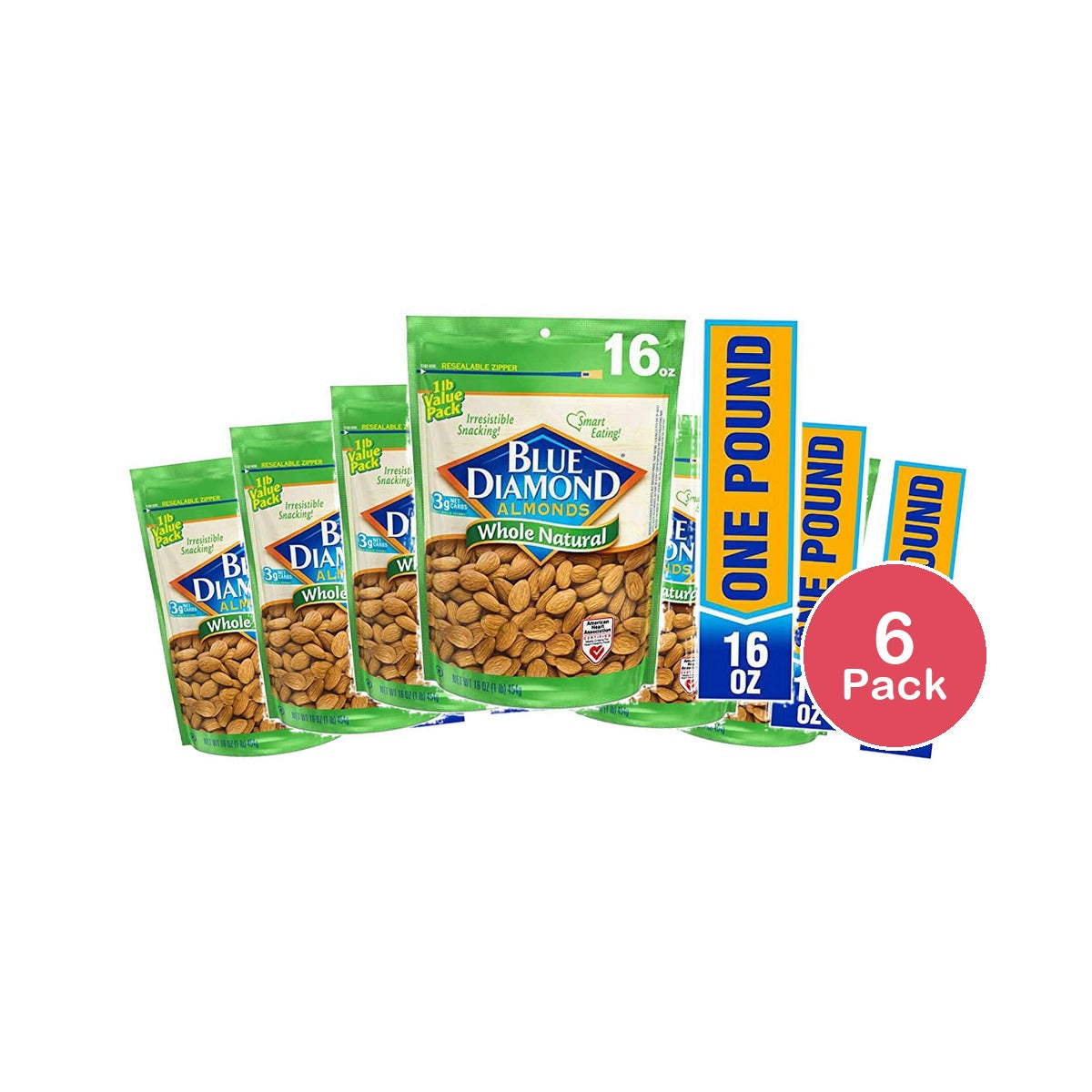 Blue Diamond Whole Natural Value Pack Almonds Bag 16 0Z (Pack of 6)